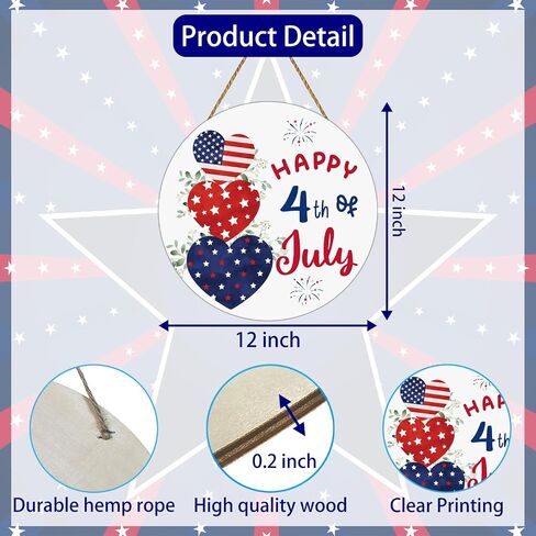 4th of July Decorations Patriotic Decorations Heart Patriotic Wreath Hanging Sign Wooden Happy 4th of July Wreaths for Front Door Decorations for Memorial Day Fourth of July Wall Indoor Home Decor in Kuwait