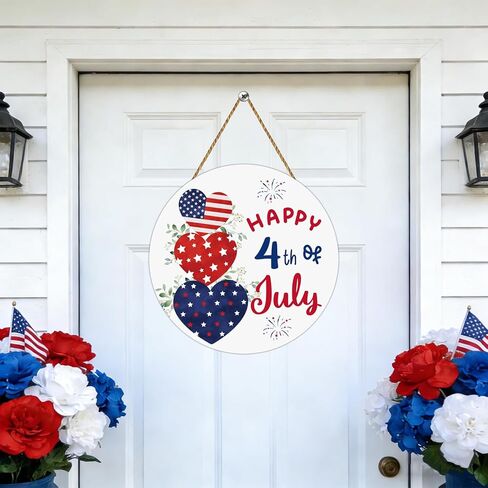 4th of July Decorations Patriotic Decorations Heart Patriotic Wreath Hanging Sign Wooden Happy 4th of July Wreaths for Front Door Decorations for Memorial Day Fourth of July Wall Indoor Home Decor in Kuwait