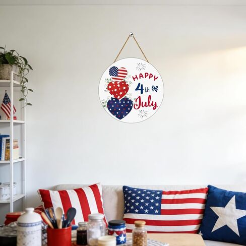 4th of July Decorations Patriotic Decorations Heart Patriotic Wreath Hanging Sign Wooden Happy 4th of July Wreaths for Front Door Decorations for Memorial Day Fourth of July Wall Indoor Home Decor in Kuwait