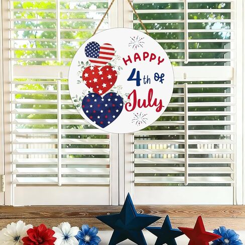 4th of July Decorations Patriotic Decorations Heart Patriotic Wreath Hanging Sign Wooden Happy 4th of July Wreaths for Front Door Decorations for Memorial Day Fourth of July Wall Indoor Home Decor in Kuwait