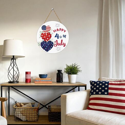 4th of July Decorations Patriotic Decorations Heart Patriotic Wreath Hanging Sign Wooden Happy 4th of July Wreaths for Front Door Decorations for Memorial Day Fourth of July Wall Indoor Home Decor in Kuwait