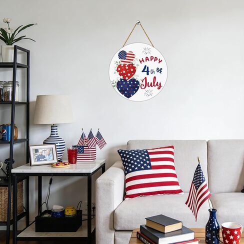 4th of July Decorations Patriotic Decorations Heart Patriotic Wreath Hanging Sign Wooden Happy 4th of July Wreaths for Front Door Decorations for Memorial Day Fourth of July Wall Indoor Home Decor in Kuwait