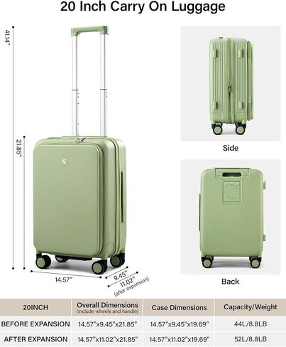 Hanke 20 Inch Expandable Carry On Luggage Airline Approved Top Opening Travel Luggage Rolling Suitcase with Cup Holder Hard Shell Suitcases with Wheels (Bamboo Green) in Saudi Arabia