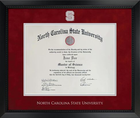 North Carolina State University Diploma Frame - Officially Licensed - Matte Black Composite Eco-Friendly Treehugger™ Frame with Red Suede and Silver Mats. Silver Embossed NC State University Symbol and NC State University Wordmark Lettering in Kuwait