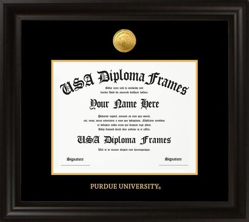 USA Diploma Frames - Purdue University Licensed Diploma Frame - Only Fits Bachelor's Degree Diplomas - Executive Black Wood Moulding with Black Suede Matting - Gold Medallion - Fits 7.625" x 9.625" Bachelors Diplomas in Saudi Arabia