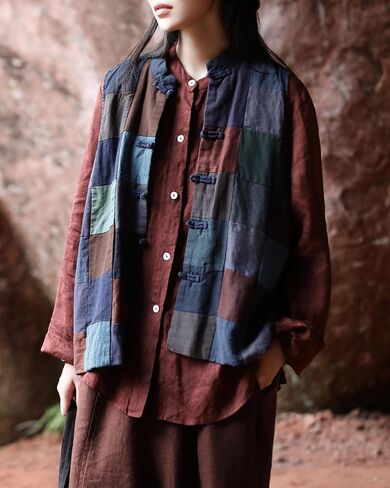 Women's 100% Pure Linen Patchwork Gilet, Handmade Frog Button Boho Vest in Saudi Arabia