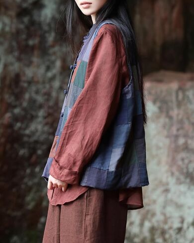 Women's 100% Pure Linen Patchwork Gilet, Handmade Frog Button Boho Vest in Saudi Arabia