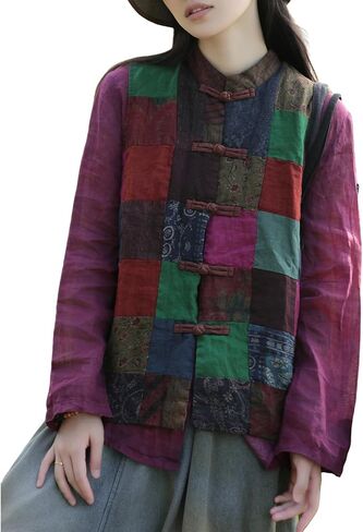 Women's 100% Pure Linen Patchwork Gilet, Handmade Frog Button Boho Vest in Saudi Arabia