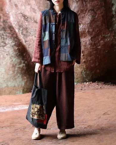 Women's 100% Pure Linen Patchwork Gilet, Handmade Frog Button Boho Vest in Saudi Arabia