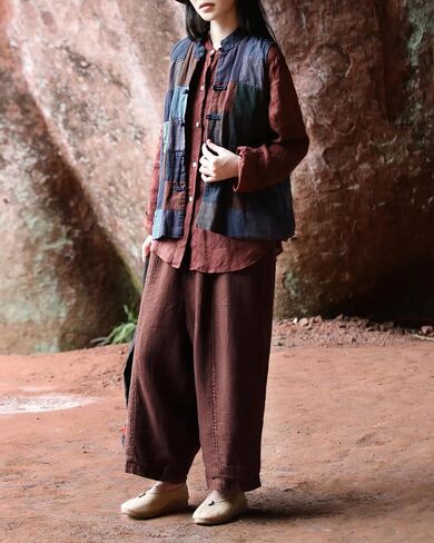 Women's 100% Pure Linen Patchwork Gilet, Handmade Frog Button Boho Vest in Saudi Arabia