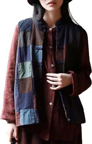 Women's 100% Pure Linen Patchwork Gilet, Handmade Frog Button Boho Vest in Saudi Arabia