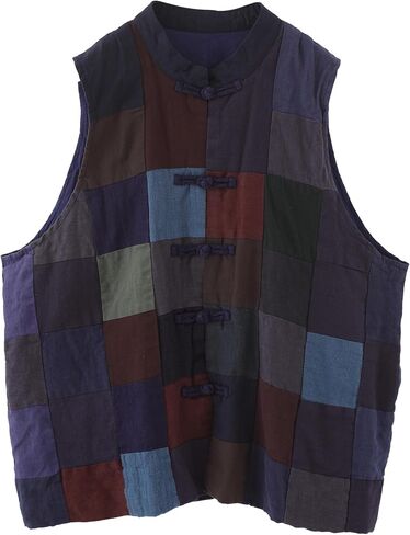 Women's 100% Pure Linen Patchwork Gilet, Handmade Frog Button Boho Vest in Saudi Arabia
