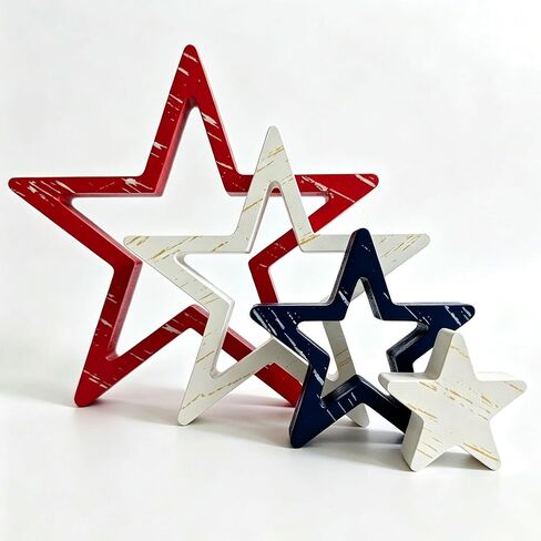 4th of July Decorations Stars, Red White Blue Patriotic Tiered Tray Decor, Set of 4, for Home Office Table Shelf (Retro 1) in Saudi Arabia