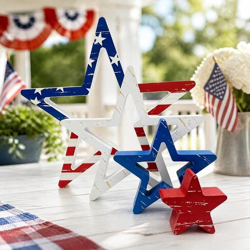 4th of July Decorations Stars, Red White Blue Patriotic Tiered Tray Decor, Set of 4, for Home Office Table Shelf (Retro 1) in Kuwait