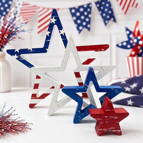 4th of July Decorations Stars, Red White Blue Patriotic Tiered Tray Decor, Set of 4, for Home Office Table Shelf (Retro 1) in Kuwait