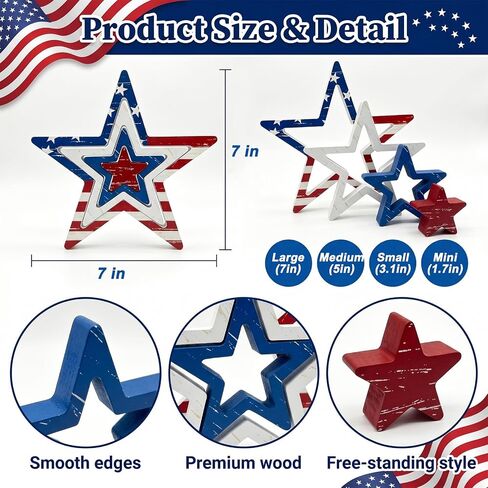 4th of July Decorations Stars, Red White Blue Patriotic Tiered Tray Decor, Set of 4, for Home Office Table Shelf (Retro 1) in Kuwait