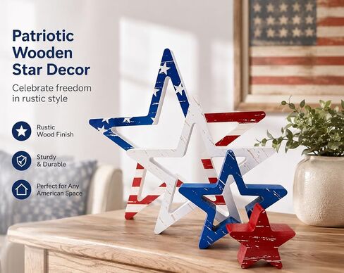4th of July Decorations Stars, Red White Blue Patriotic Tiered Tray Decor, Set of 4, for Home Office Table Shelf (Retro 1) in Kuwait