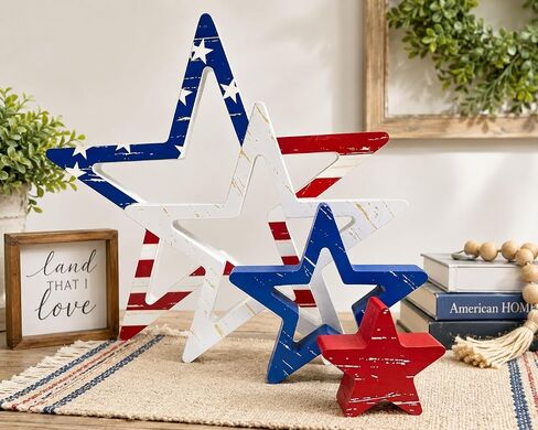 4th of July Decorations Stars, Red White Blue Patriotic Tiered Tray Decor, Set of 4, for Home Office Table Shelf (Retro 1) in Kuwait