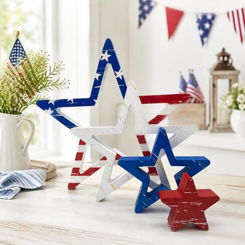 4th of July Decorations Stars, Red White Blue Patriotic Tiered Tray Decor, Set of 4, for Home Office Table Shelf (Retro 1) in Kuwait