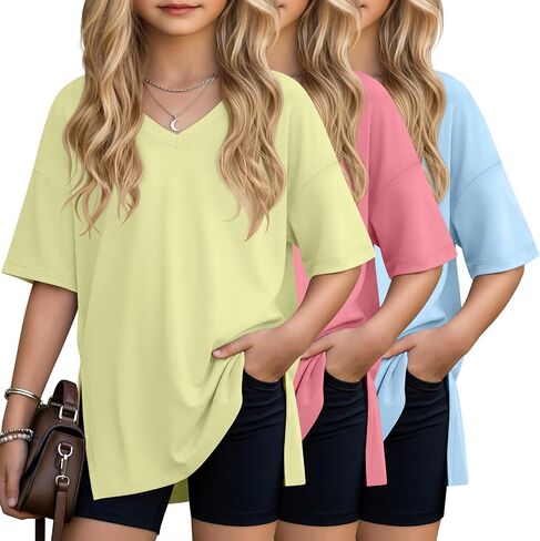 3 Pack Girls' V Neck T-Shirts Oversized Short Sleeve Kids Tops Side Split Cute Trendy Tee Shirts 5-14 Years in Kuwait