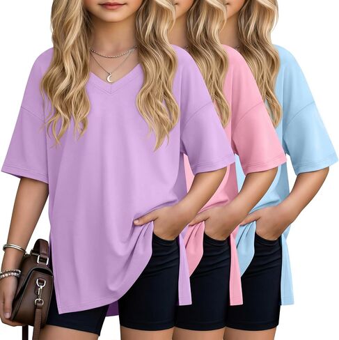 3 Pack Girls' V Neck T-Shirts Oversized Short Sleeve Kids Tops Side Split Cute Trendy Tee Shirts 5-14 Years in Kuwait