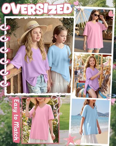 3 Pack Girls' V Neck T-Shirts Oversized Short Sleeve Kids Tops Side Split Cute Trendy Tee Shirts 5-14 Years in Kuwait