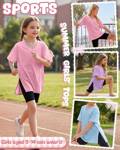 3 Pack Girls' V Neck T-Shirts Oversized Short Sleeve Kids Tops Side Split Cute Trendy Tee Shirts 5-14 Years in Kuwait