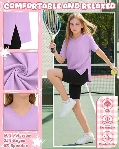3 Pack Girls' V Neck T-Shirts Oversized Short Sleeve Kids Tops Side Split Cute Trendy Tee Shirts 5-14 Years in Kuwait