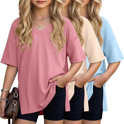 3 Pack Girls' V Neck T-Shirts Oversized Short Sleeve Kids Tops Side Split Cute Trendy Tee Shirts 5-14 Years in Kuwait