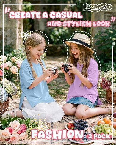 3 Pack Girls' V Neck T-Shirts Oversized Short Sleeve Kids Tops Side Split Cute Trendy Tee Shirts 5-14 Years in Kuwait