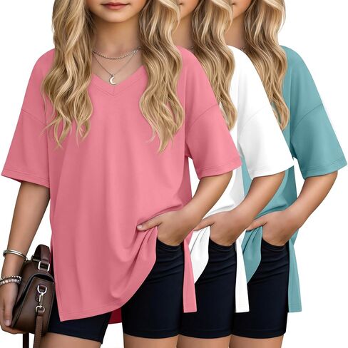 3 Pack Girls' V Neck T-Shirts Oversized Short Sleeve Kids Tops Side Split Cute Trendy Tee Shirts 5-14 Years in Kuwait