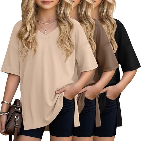 3 Pack Girls' V Neck T-Shirts Oversized Short Sleeve Kids Tops Side Split Cute Trendy Tee Shirts 5-14 Years in Kuwait