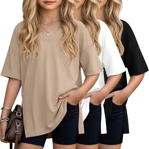 3 Pack Girls' V Neck T-Shirts Oversized Short Sleeve Kids Tops Side Split Cute Trendy Tee Shirts 5-14 Years in Kuwait