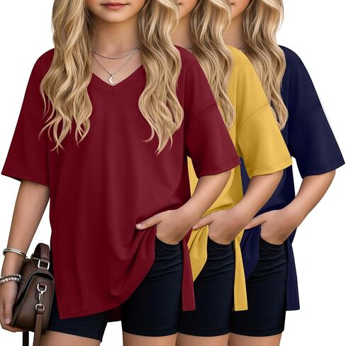 3 Pack Girls' V Neck T-Shirts Oversized Short Sleeve Kids Tops Side Split Cute Trendy Tee Shirts 5-14 Years in Kuwait