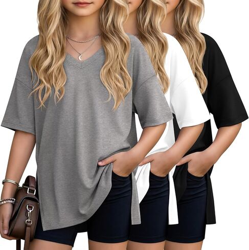 3 Pack Girls' V Neck T-Shirts Oversized Short Sleeve Kids Tops Side Split Cute Trendy Tee Shirts 5-14 Years in Kuwait