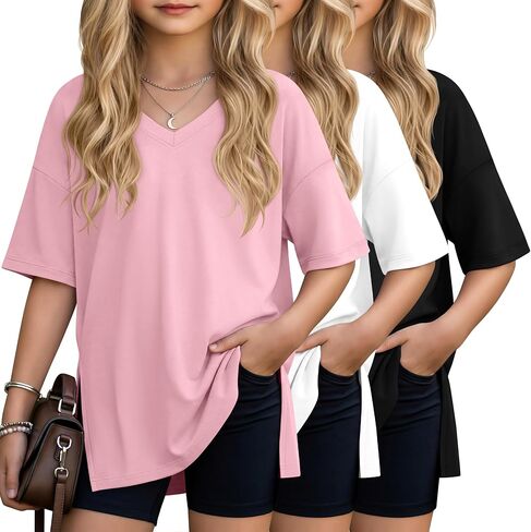 3 Pack Girls' V Neck T-Shirts Oversized Short Sleeve Kids Tops Side Split Cute Trendy Tee Shirts 5-14 Years in Kuwait