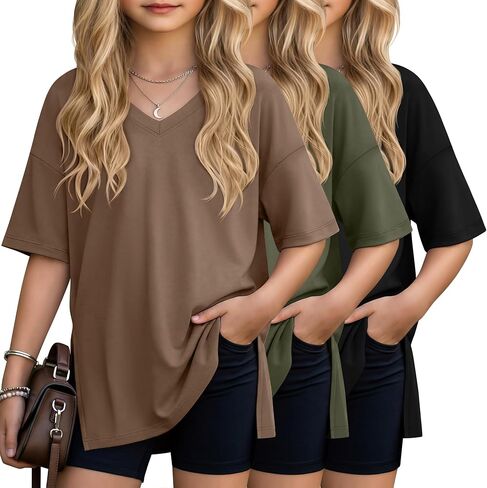 3 Pack Girls' V Neck T-Shirts Oversized Short Sleeve Kids Tops Side Split Cute Trendy Tee Shirts 5-14 Years in Kuwait