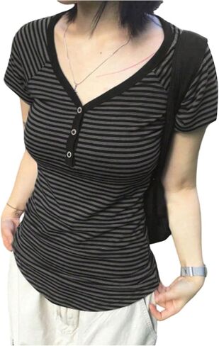 RoseSeek Girl's Summer Striped Button Down Shirts Y2k Short Sleeve V Neck Streetwear Casual T Shirts in Kuwait