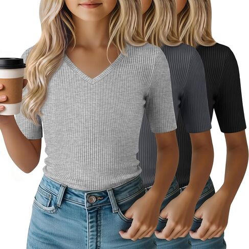 3 Pack Girls Short Sleeve Shirts Ribbed Knit V Neck Tops Slim Fit Casual Basic Soft Summer Cute Tees 5-14 Years in Kuwait