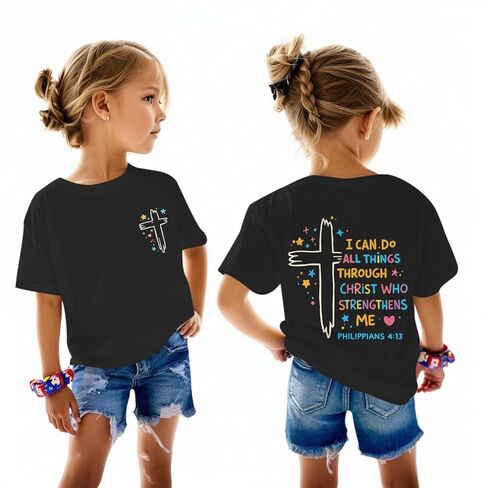 Fkatuzi Christian Shirts for Girls I Can Do All Things Through Christ Shirt Kids Jesus Faith Bible Verse God Cute Graphic Tee in Saudi Arabia