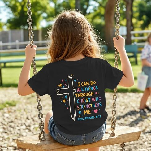 Fkatuzi Christian Shirts for Girls I Can Do All Things Through Christ Shirt Kids Jesus Faith Bible Verse God Cute Graphic Tee in Saudi Arabia
