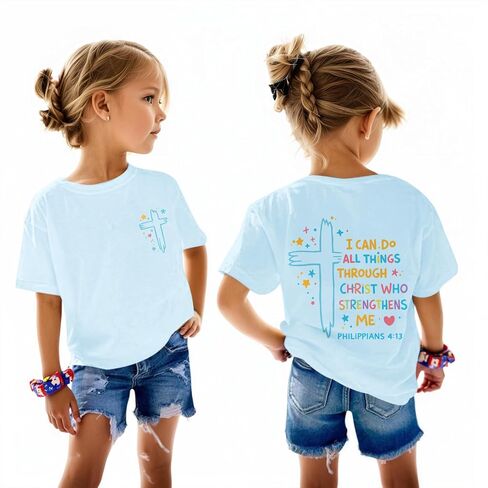 Fkatuzi Christian Shirts for Girls I Can Do All Things Through Christ Shirt Kids Jesus Faith Bible Verse God Cute Graphic Tee in Saudi Arabia