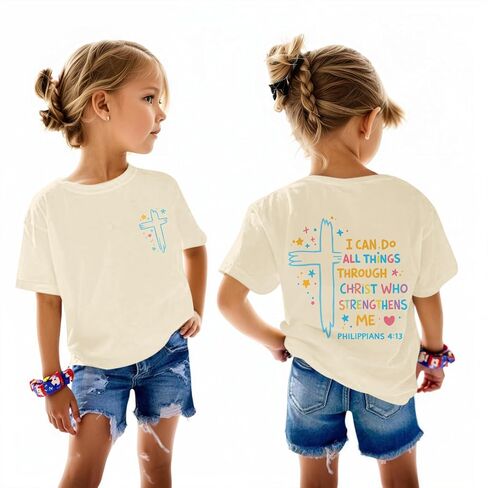 Fkatuzi Christian Shirts for Girls I Can Do All Things Through Christ Shirt Kids Jesus Faith Bible Verse God Cute Graphic Tee in Saudi Arabia
