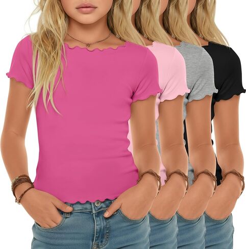 4 Pack Girls Short Sleeve Shirts Lettuce Trim Boat Neck Knit Tops Slim Casual Basic Tee 5-14 Years in Kuwait