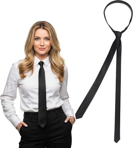 Black Skinny Tie for Women and Men, Adjustable Zipper Skinny Tie, Solid Color Satin Ties for Wedding & Business (Black, 57.08 x 1.06-1.57 In) in Saudi Arabia