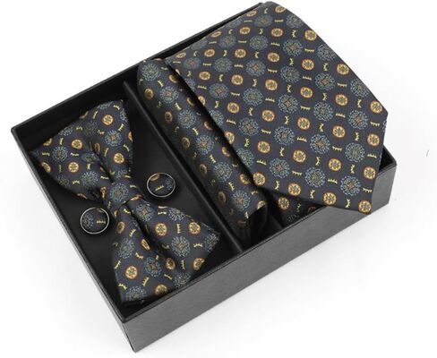 Men's Casual Business Four-Piece Tie Gift Box – Black Floral Print Necktie, Pocket Square, Buttons, and Bow Tie in Kuwait