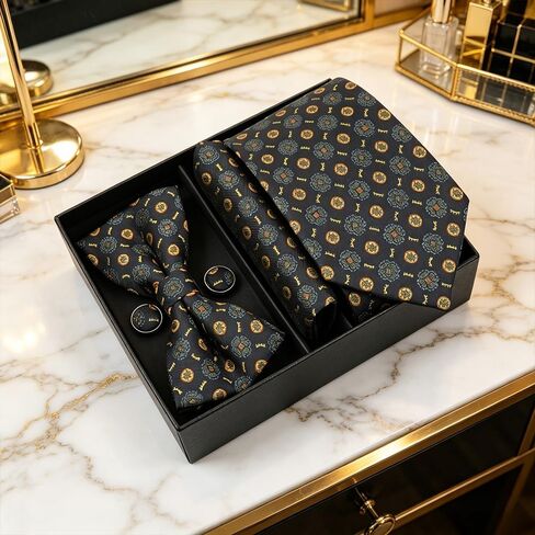 Men's Casual Business Four-Piece Tie Gift Box – Black Floral Print Necktie, Pocket Square, Buttons, and Bow Tie in Kuwait