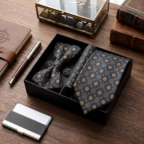Men's Casual Business Four-Piece Tie Gift Box – Black Floral Print Necktie, Pocket Square, Buttons, and Bow Tie in Kuwait