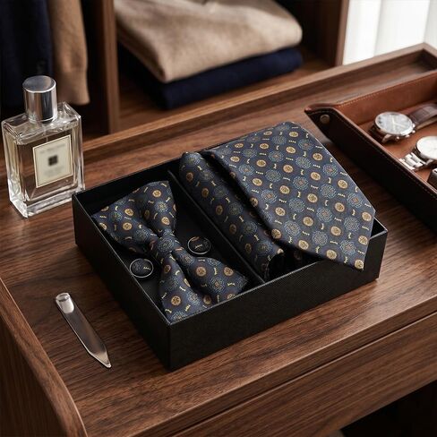 Men's Casual Business Four-Piece Tie Gift Box – Black Floral Print Necktie, Pocket Square, Buttons, and Bow Tie in Kuwait