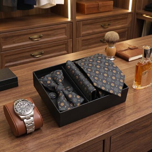 Men's Casual Business Four-Piece Tie Gift Box – Black Floral Print Necktie, Pocket Square, Buttons, and Bow Tie in Kuwait